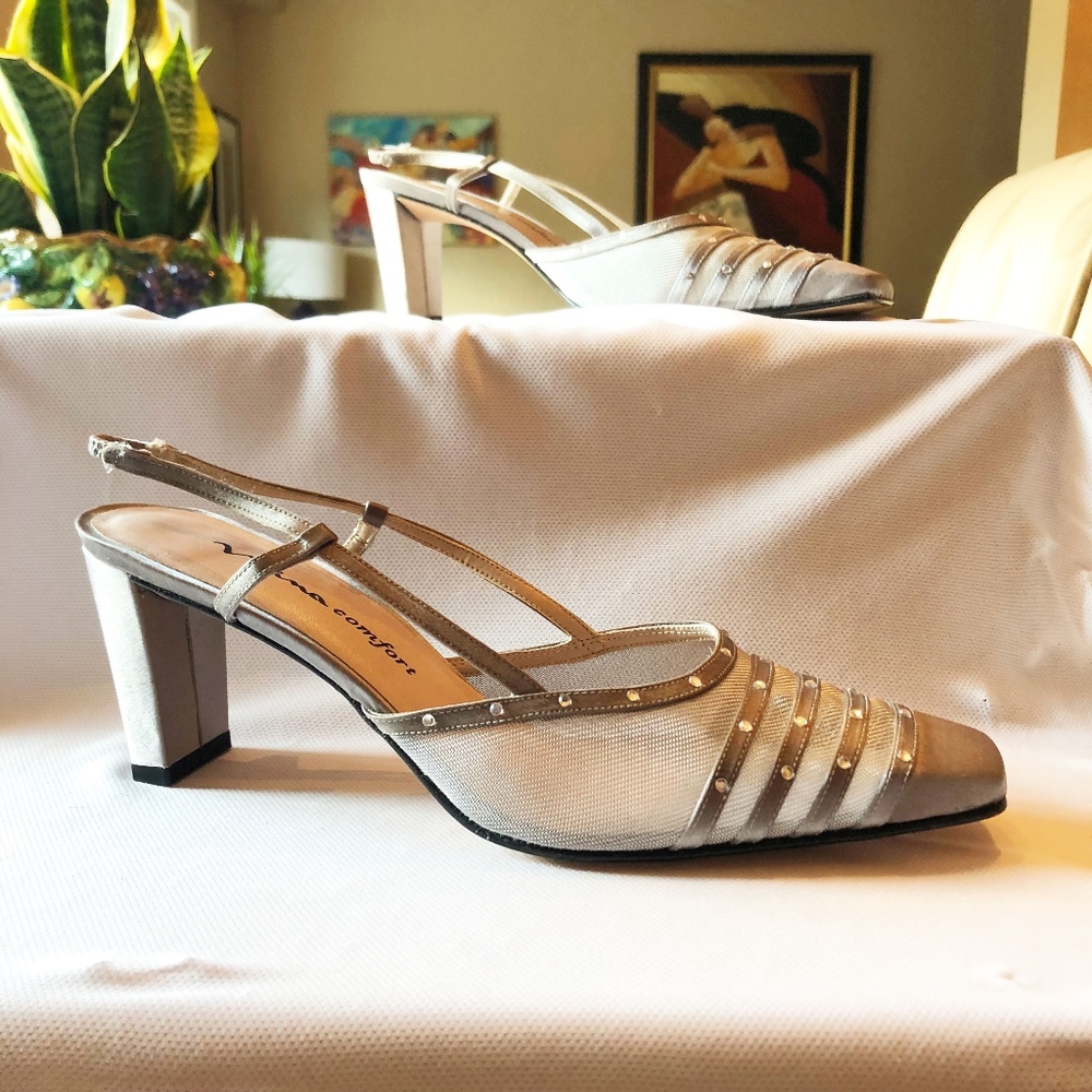 Nina Silver Fabric and Mesh Spanish Slingbacks